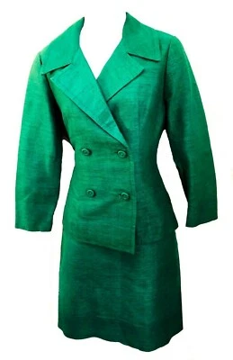 Traje de vestir de lino verde esmeralda hecho a medida de 2 piezas de colección años 60/70 de Tailandia M/L Foto 1 de 4