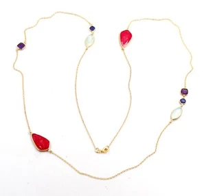 Long Silver Gold Plated Necklace 36 inch Multi Gemstone 925 Sterling Silver - Picture 1 of 4