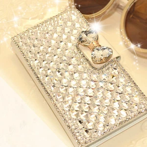 Luxury Bling Diamonds Wallet PU Leather Magnetic Flip Phone Case Cover for Women - Picture 1 of 10