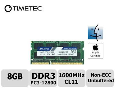 Timetec 8GB DDR3 1600MHz PC3-12800 Non-ECC 1.35V 2Rx8 SODIMM Apple Memory RAM - Image 1 of 4