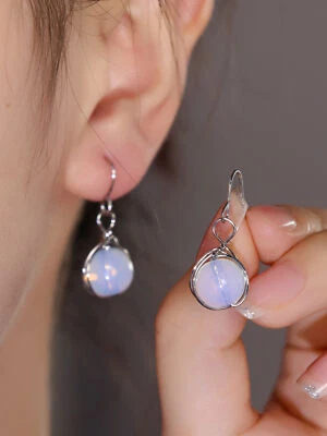 New 925 Silver Moonstone Earrings Boho Dangle Natural Stone Hook Drop Women Gift - Image 1 of 4