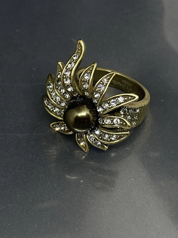Heidi Daus Signed “Art In Bloom" Bronze Tone Crystals Faux Pearl Flower 10 Ring - Image 1 of 4
