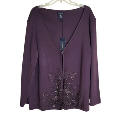 BCBG Maxazria Cardigan Sweater Size 3X Brown Beaded Open-Front Knit - Image 1 of 4