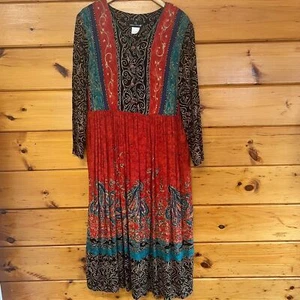 VTG CAROLE LITTLE Boho Multicolor Gypsy Rayon Maxi Dress Womens 14 Abstract - Picture 1 of 6