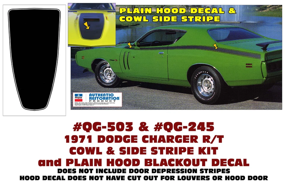 Cargador Dodge QG-503 y QG-245 1971 - CAPUCHA RAYAS LATERALES Y CALCOMANÍA DE CAPÓ LISA Foto 1 de 1