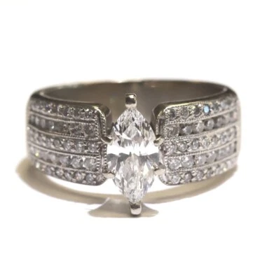 Обручальное кольцо из белого золота 14 карат с бриллиантом маркиза 1,63 карата 8,4 г I2 F натуральное - Изображение 1 из 4