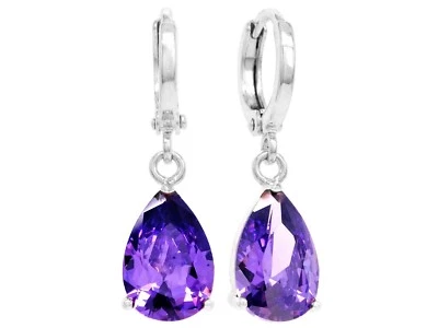 White gold plated drop earrings deep purple raindrop gemstones black jewelry box - Image 1 of 4