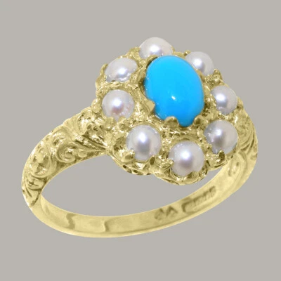 Solid 14k Yellow Gold Natural Turquoise, Pearl Womens Cluster Ring-Sizes 4 to 12 - Image 1 of 4