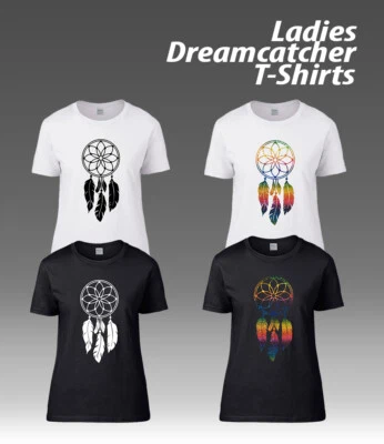 Dream Catcher T-Shirts Ladies Women Casual Tee Black White Rainbow Glitter S-2XL - Image 1 of 3