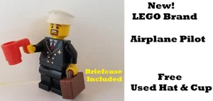 LEGO Airplane Pilot with Briefcase and Coffee Cup Aircraft Crew White Hat Gold - Picture 1 of 1