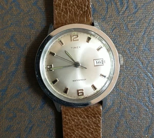 Vtg Timex Marlin Watch Men 35mm Date Silver Tone Leather Band Manual Wind-up - Picture 1 of 5