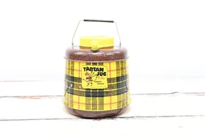 Vintage Poloron Tartan Jug Cooler Round Picnic Drink Cooler Yellow Black Plaid - Picture 1 of 12