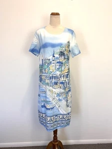 NEW W Lane Womens Linen Dress 8 S Scenic Print Shift Boho Coastal Summer Office - Picture 1 of 11