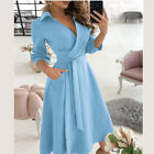 Ladies Lace Up Belted Long Sleeve Floral Midi Dress Solid Office Shirt Dresses