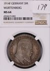 1914-F Germany (Wurttemberg) Silver 3 Mark NGC MS-64 #9-002
