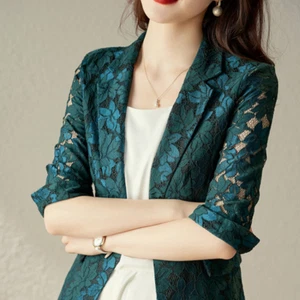 Femmes Dentelle Costume Blazer Veste Creusé Floral 3/4 Manche Slim Haut Court - Picture 1 of 6