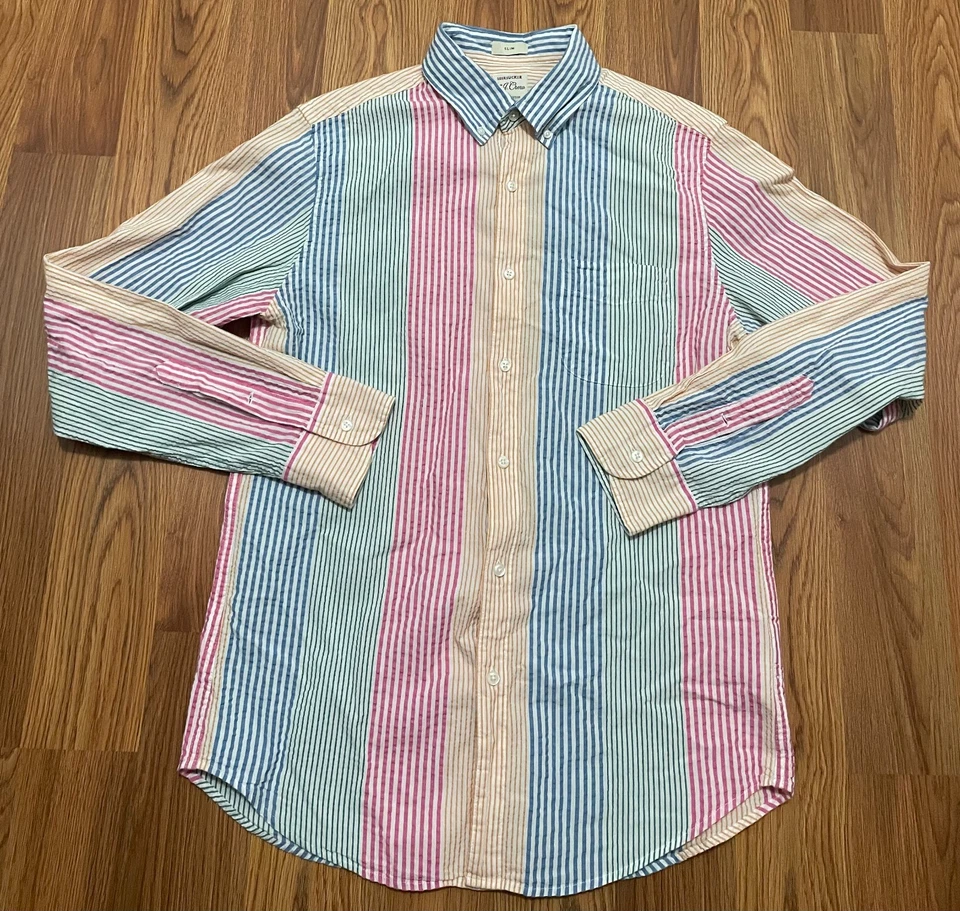 Camisa J.Crew Para Hombre Mediana Delgada Seersucker Multicolor Rayas Algodón Orgánico Foto 1 de 4