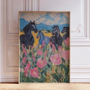 Póster colorido con impresión de arte de pared de caballo vaquera occidental acuarela rosa y azul - Imagen 1 de 5