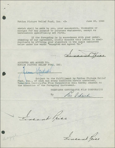 VINCENT PRICE - DOCUMENT MULTI-SIGNED 06/26/1946 Cover
