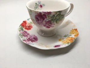 GRACE TEAWARE PORCELAIN FOOTED SCALLOPED TEA CUP & SAUCER MULTI COLOR FLORAL - Picture 1 of 6