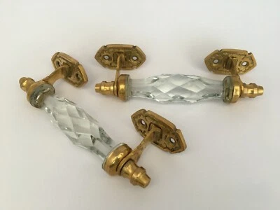 Vintage brass cobalt glass church art decor Victorian door handle pair Home Deco - Image 1 of 4