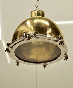 Marine Cargo Brass Pendant Light | Original Industrial Dome Ceiling Fixture - Picture 1 of 11
