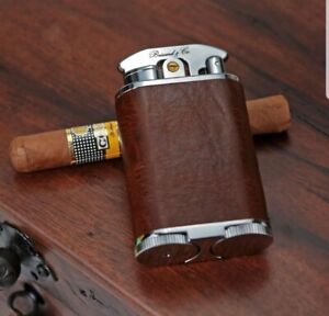 BRIZARD & CO TRIPLE JET TORCH CIGAR TABLE LIGHTER GATSBY BROWN ANITQUE SADDLE LT