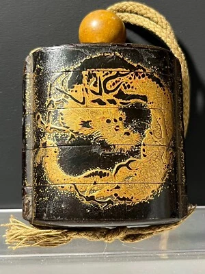 Estuche de madera japonés antiguo Netsuke Ojime Edo Era INRO Dragon 2,3 pulgadas Foto 1 de 4
