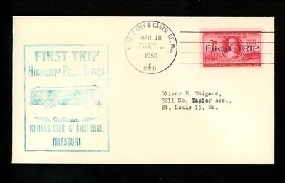 US Postal History HPO Trip 2 4/18/1950 Kansas City MO & Carthage MO Rt. 74 - Image 1 of 2
