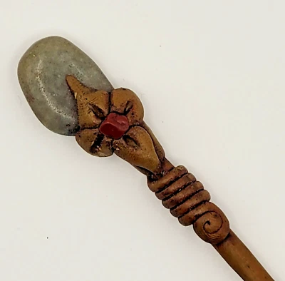 Vintage Hair Stick Hairpin Knitting Needle Wand Carved Wood with Stones 60's - Image 1 of 4