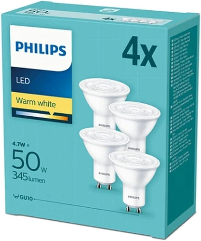 Philips GU10 LED Spot Light Bulbs 5W Warm White 2700K 4-Pack Downlight - Image 1 of 4