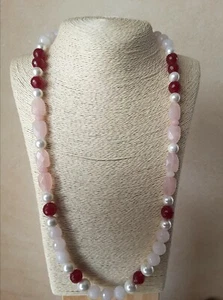 Collana donna pietre naturali: giada rubino,quarzo e occhio di tigre rosa, perle - Foto 1 di 5