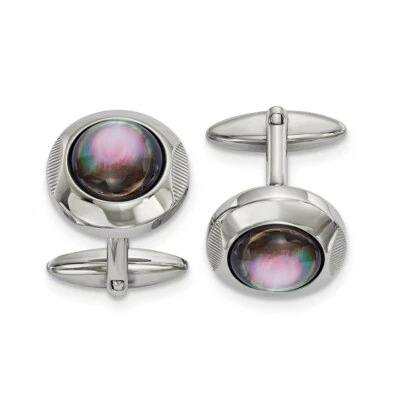 Stainless Steel Polished Round Mother of Pearl Cufflinks - Image 1 of 3