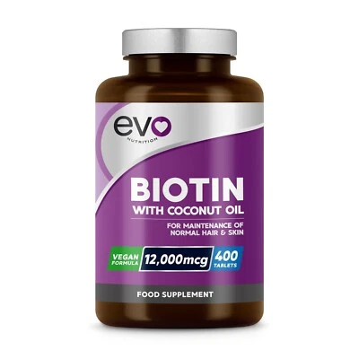 EVO NUTRITION Biotin 400 Tablets 12,000mcg with Coconut Oil for Healthy Hair Skin Nails Growth