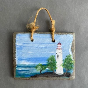 Lake Erie Ohio Historic Marblehead Lighthouse Mini Slate Painting Wall Hanging - Picture 1 of 4