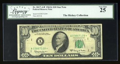 DBR 1963-A $10 FRN Boston STAR Fr. 2017-A* Legacy 25 Serial A03867129* - Image 1 of 2
