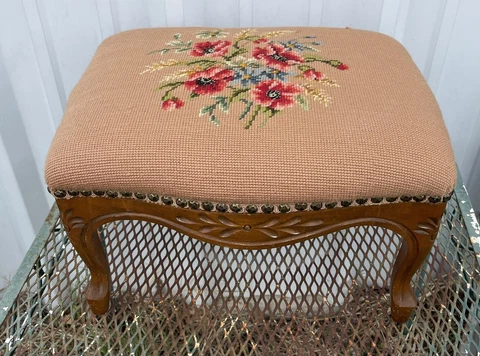 Early 1900s Needlepoint Tapestry Ottoman Footstool Small Bench (C6D) Cover