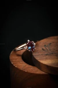 Alexandrite Diamond Engagement Band Anniversary Gemstone Ring For Girls 14k Gold - Picture 1 of 6