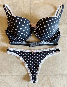 VICTORIA'S SECRET Polka Dot Push Up Bra and Panty Set Black Pink White 34c S NEW - Picture 1 of 3