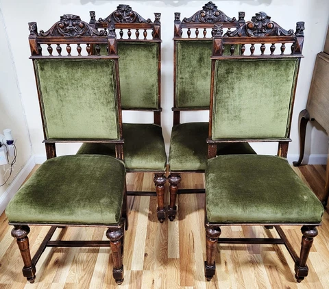 SET of 4 Antique CONTINENTAL 19th C Carved Upholstered RENAISSANCE Walnut CHAIRS Cover