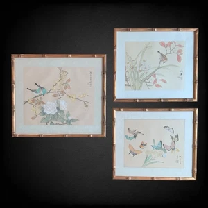 3PC VINTAGE ORIGINAL ASIAN SILK PAINTINGS Butterflies Flowers Birds Heavy Frame! - Picture 1 of 14