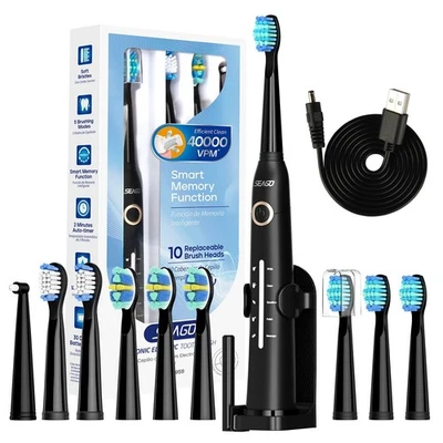 Seago Sonic Electric Toothbrush USB Rechargeable Ultrasonic 10 Replacement Heads - Image 1 of 4