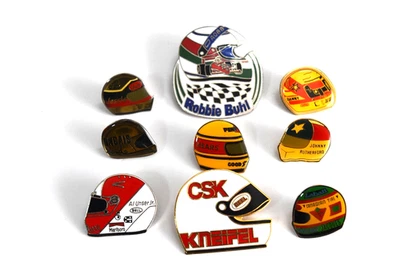 Vintage Lot of 9 Indycar - CART Driver Helmet Hat Pins, Pinbacks. Most are RARE! - Image 1 of 4