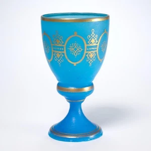 Antique French Blue Opaline Glass Gold Gilt Wine Goblet Iris Apfel - Picture 1 of 5