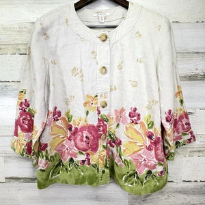 JM Collection Light Tan Pink Floral Button Up 3/4 Slv 100% Linen Jacket Size 12 - Picture 1 of 6