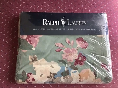 De Colección Ralph Lauren Melanie Floral Verde KING Sábana Plana 200 Hilos Algodón Foto 1 de 4