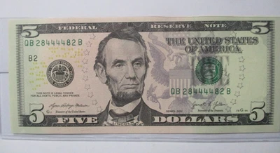 $5 2021 Radar Fancy Serial Number Bill #28444482 Trinary Palindrome Uncirculated - Image 1 of 4