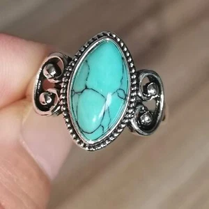 Vintage Women's Silver Ring Marquise Cut Bohemia Turquoise Jewelry _Chic Hand Ma - Picture 1 of 4