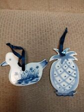 Set Of 2 Vintage Russ Berrie Flow Blue & White Ornaments Duck & Pineapple