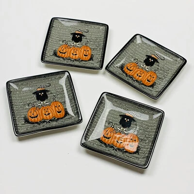 Juego de 4 platos laterales de ensalada de cerámica de búho brujo calabazas arlequín de Halloween de 6" Foto 1 de 2